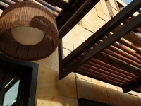 Looking up at the facade from the outdoor patio.